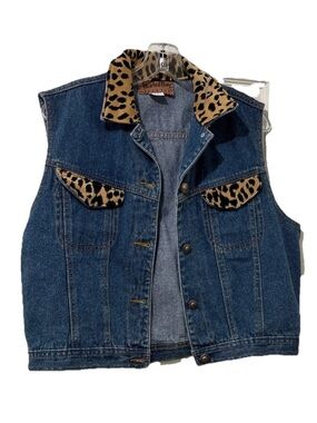 Denim Vest with Faux Cheetah Trim - Painted Pony - Size Large Texas Retro Y2K